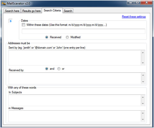 MailScavator operation screen