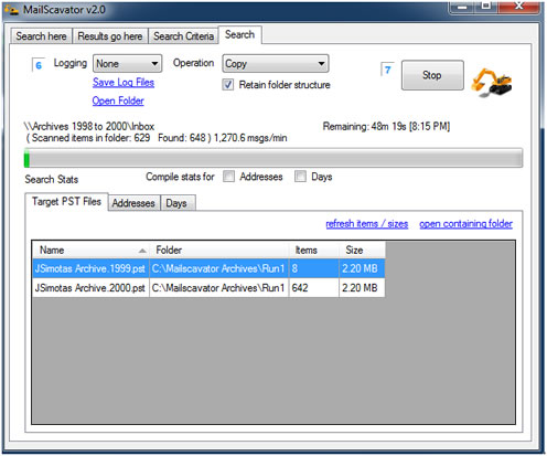 MailScavator stats screen